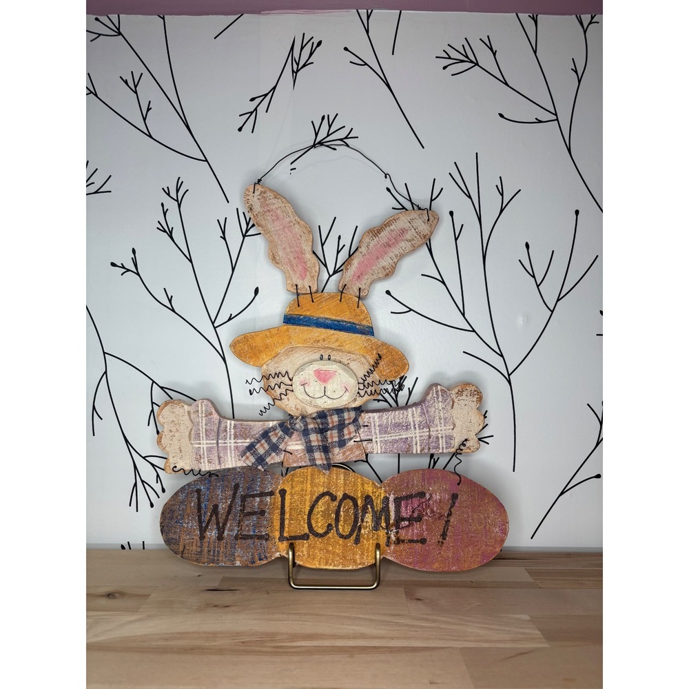 Rustic Wooden Easter Bunny Welcome Sign Primitive Spring Rabbit Wall Decor